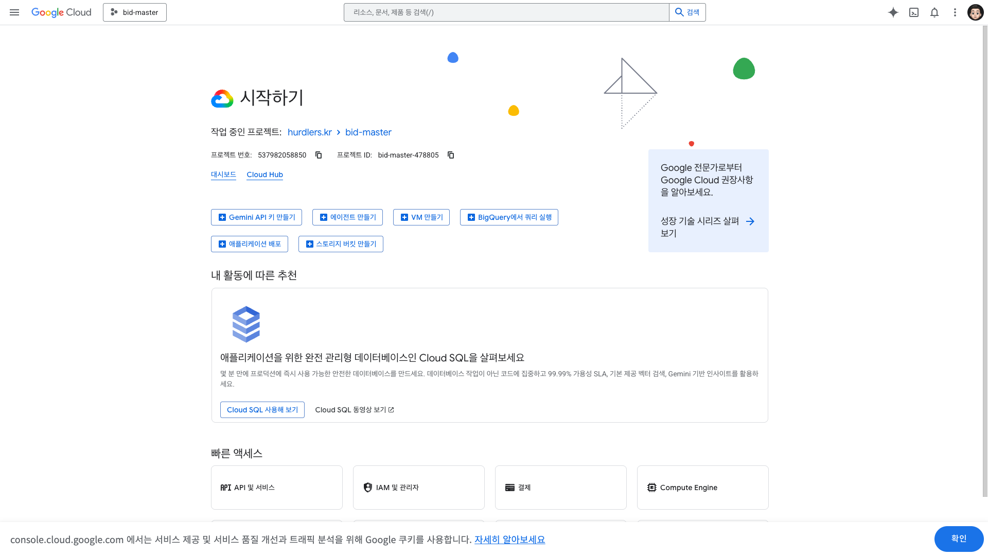 Google Cloud Console 첫 화면 — 시작하기 페이지