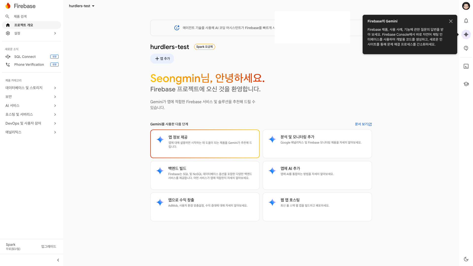 hurdlers-test Firebase 프로젝트 대시보드 — 좌측 카테고리 메뉴, Spark 무료 요금제 배지