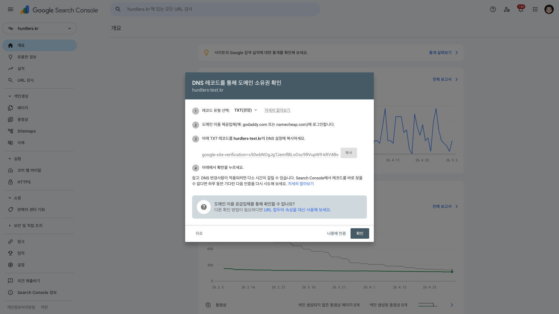 DNS TXT 레코드 안내 — google-site-verification 값 + 복사 버튼