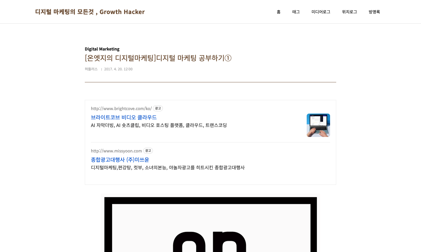 ‘디지털 마케팅의 모든것, Growth Hacker’ 블로그의 한 게시글 상단 화면 — 글 제목·작성자·작성일이 보이고 본문이 시작되는 모습